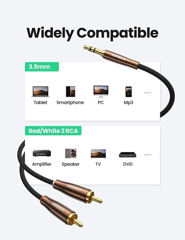 Cáp âm thanh 3.5mm ra 2 RCA dài 5M  cao cấp Ugreen 80849