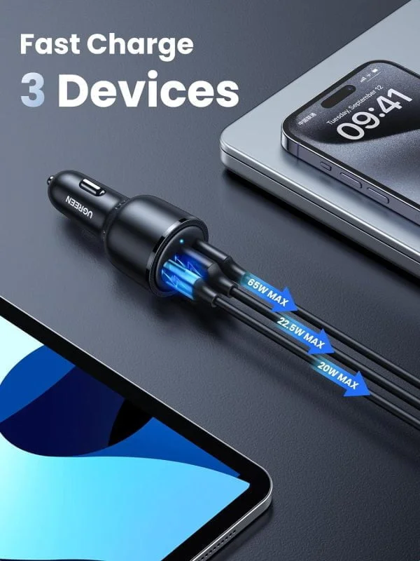 Sạc điện thoại USB 3 cổng 69W dùng trong ô tô Ugreen 20467
