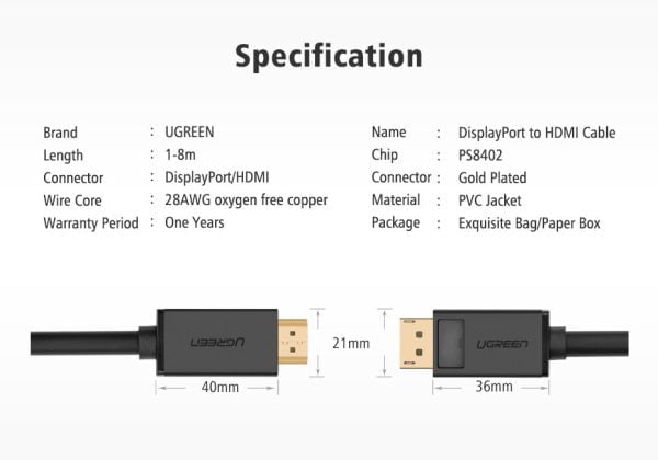 Cáp Displayport to HDMI 2M Ugreen 10202