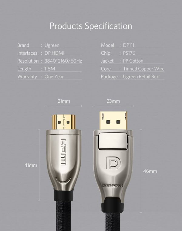 Cáp Displayport to HDMI 2.0 dài 1,5m hỗ trợ 3D 4K/60Hz Ugreen 40433