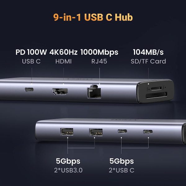 Bộ chuyển Type-C to HDMI + Lan + USB 3.0 + SD/TF + PD Type-C 100W + Type C data Ugreen 15375