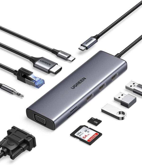 Bộ chuyển Type C to HDMI + VGA+ USB 3.0 + LAN 1Gbps + Card Reader + 3.5mm Ugreen 15601 CM498