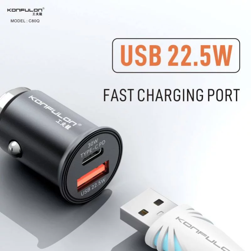 Tẩu sạc ô tô 30W 2 in 1 Konfulon C80Q (Type-C, USB 3.0)