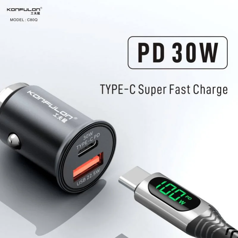 Tẩu sạc ô tô 30W 2 in 1 Konfulon C80Q (Type-C, USB 3.0)