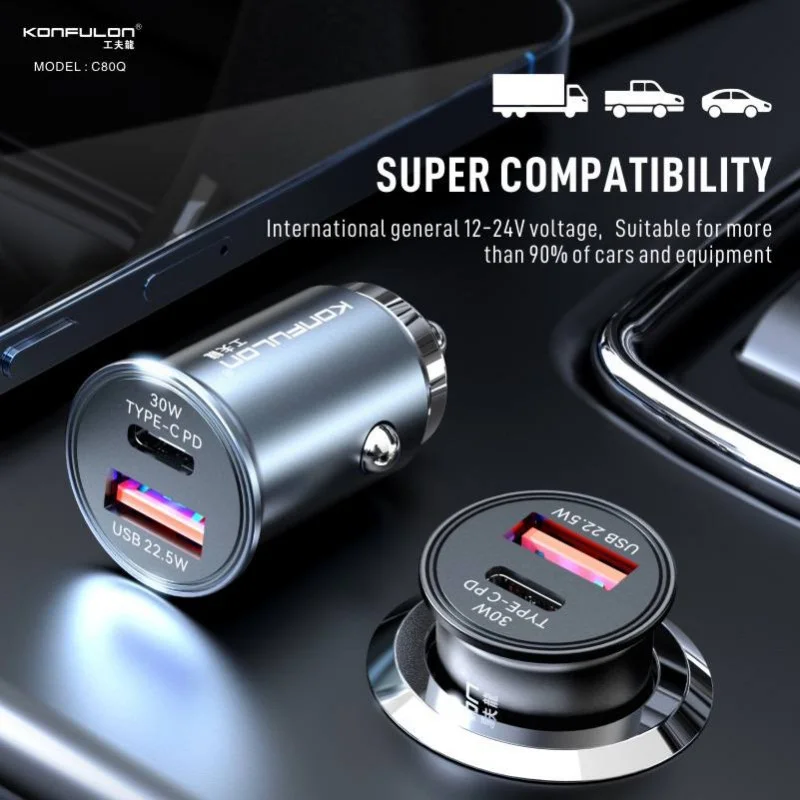 Tẩu sạc ô tô 30W 2 in 1 Konfulon C80Q (Type-C, USB 3.0)