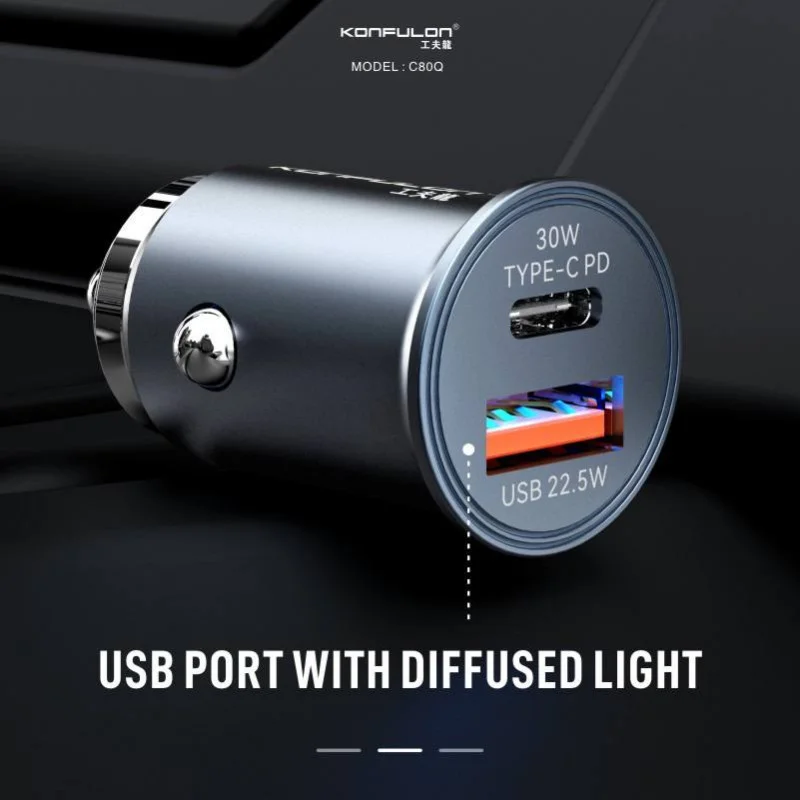 Tẩu sạc ô tô 30W 2 in 1 Konfulon C80Q (Type-C, USB 3.0)