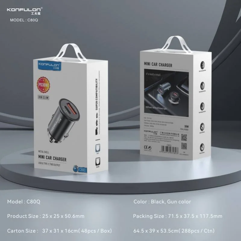 Tẩu sạc ô tô 30W 2 in 1 Konfulon C80Q (Type-C, USB 3.0)