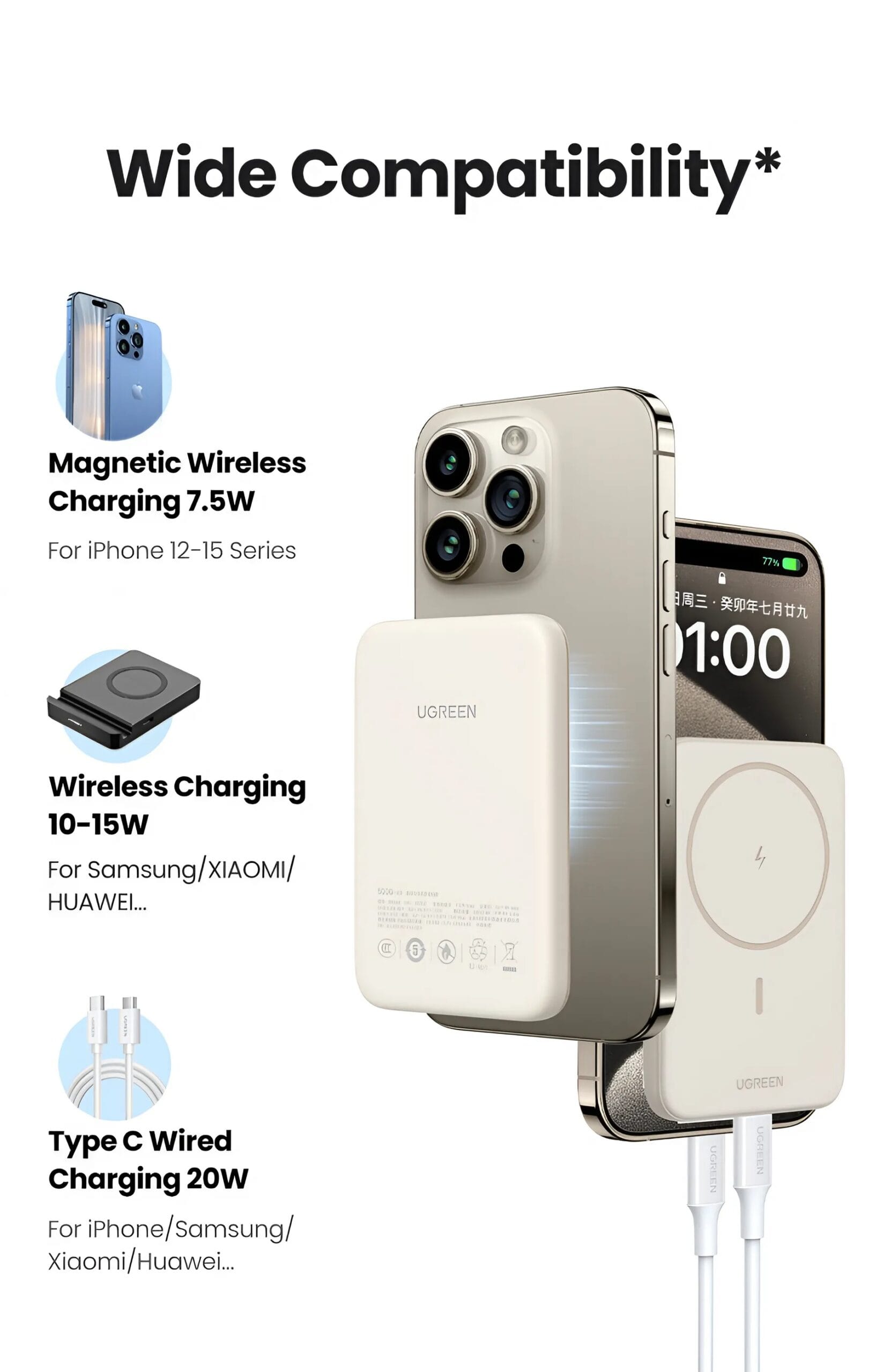Pin sạc không dây 10000mAh Ugreen PB561| Tím – Hồng – Vàng Be – Xám – Xanh