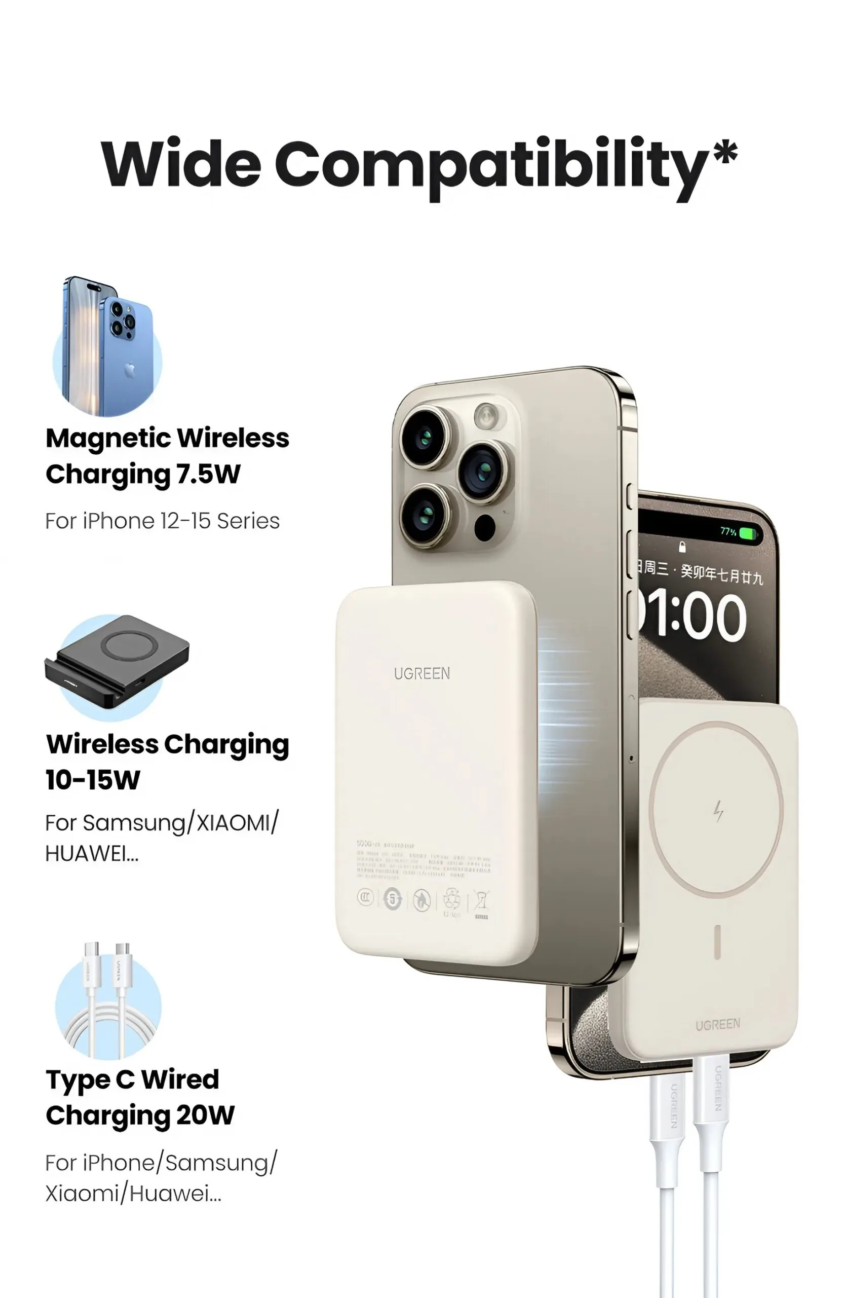 Pin sạc không dây 10000mAh Ugreen PB561| Tím – Hồng – Vàng Be – Xám – Xanh