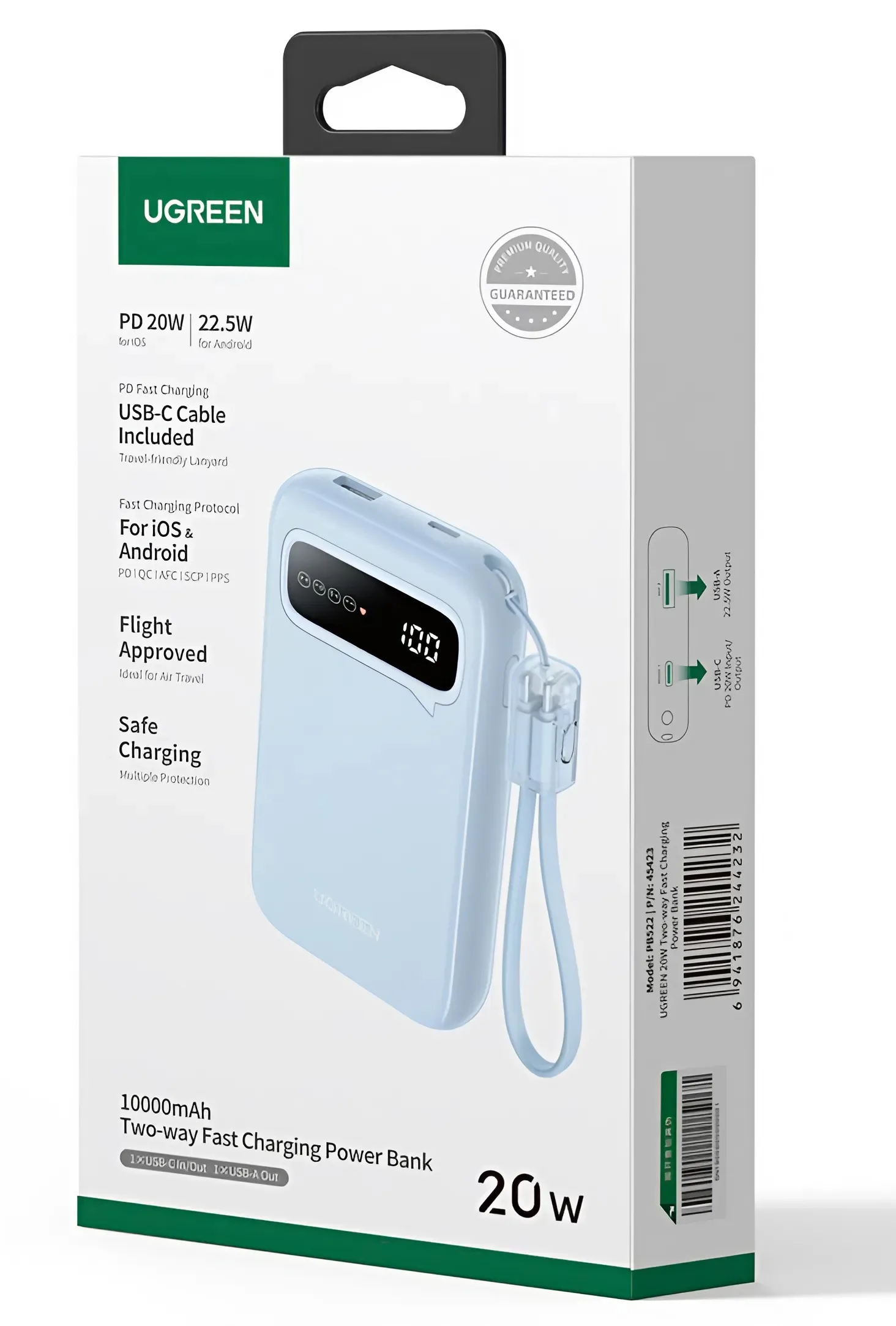 Pin sạc dự phòng 10000mAh Ugreen PB522 (kèm cáp USB-C) | Xanh Dương