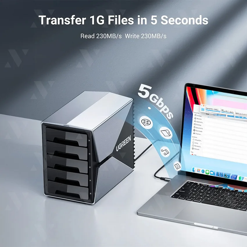 Thiết bị lưu trữ Ugreen 60638 (hỗ trợ ổ cứng 3.5″, 5 bay, chuẩn RAID, tối đa 90TB)
