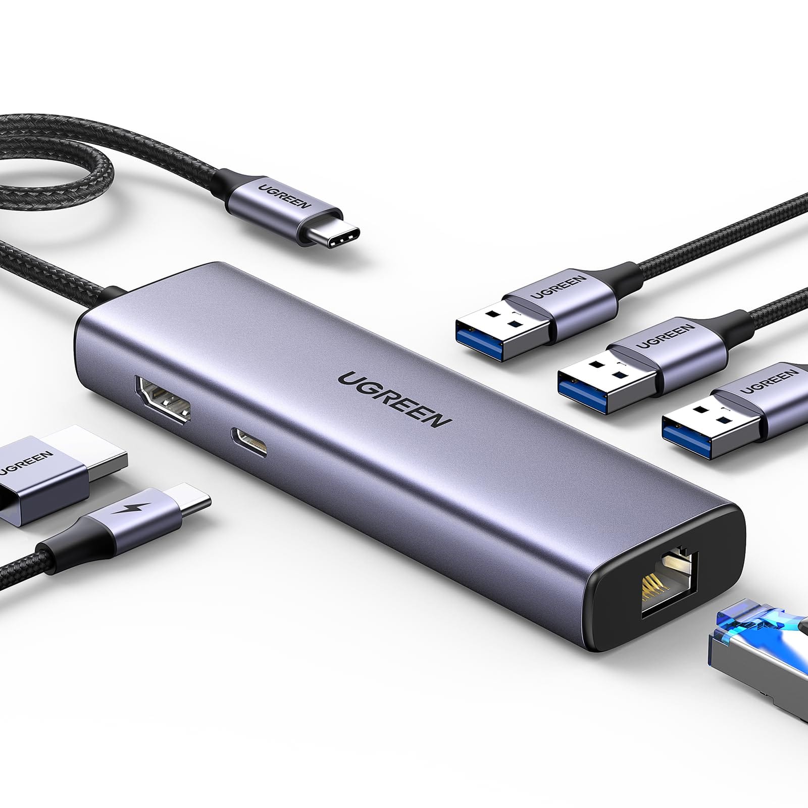 Hub USB-C Ugreen 45000 6 in 1 (1 HDMI 4K60Hz, 2 USB-A 3.2 10Gbps, 1 USB-C 3.2, 1 LAN 1000Mbps, 1 PD 100W)